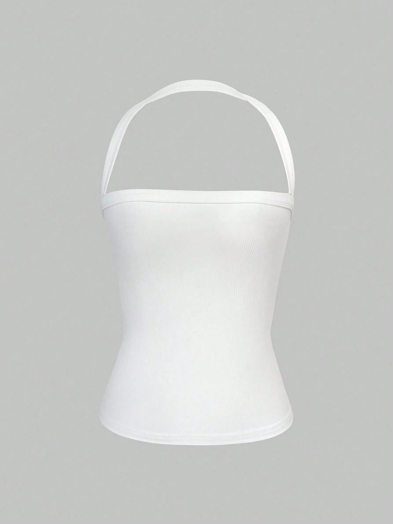 Sexy Open Back Knit Camisole White Crop Top, Stretchy Casual Fitted Women's Summer Clothing, Back To School Season