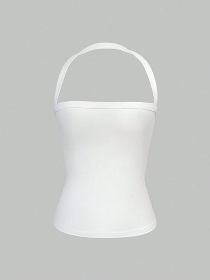 Sexy Open Back Knit Camisole White Crop Top, Stretchy Casual Fitted Women's Summer Clothing, Back To School Season