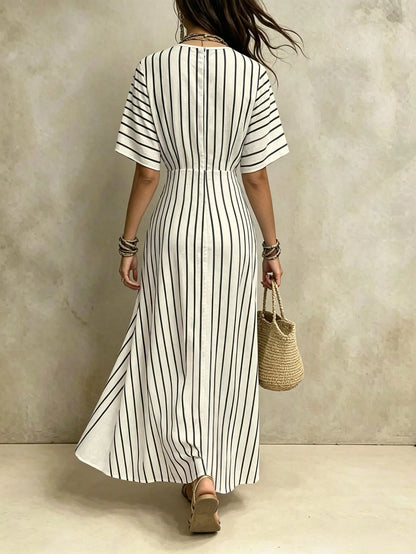 SHEIN Holidaya Women's Light Apricot Casual Elegant Fitted Flared Dress, Summer Party Dress, Graceful Dress For Women