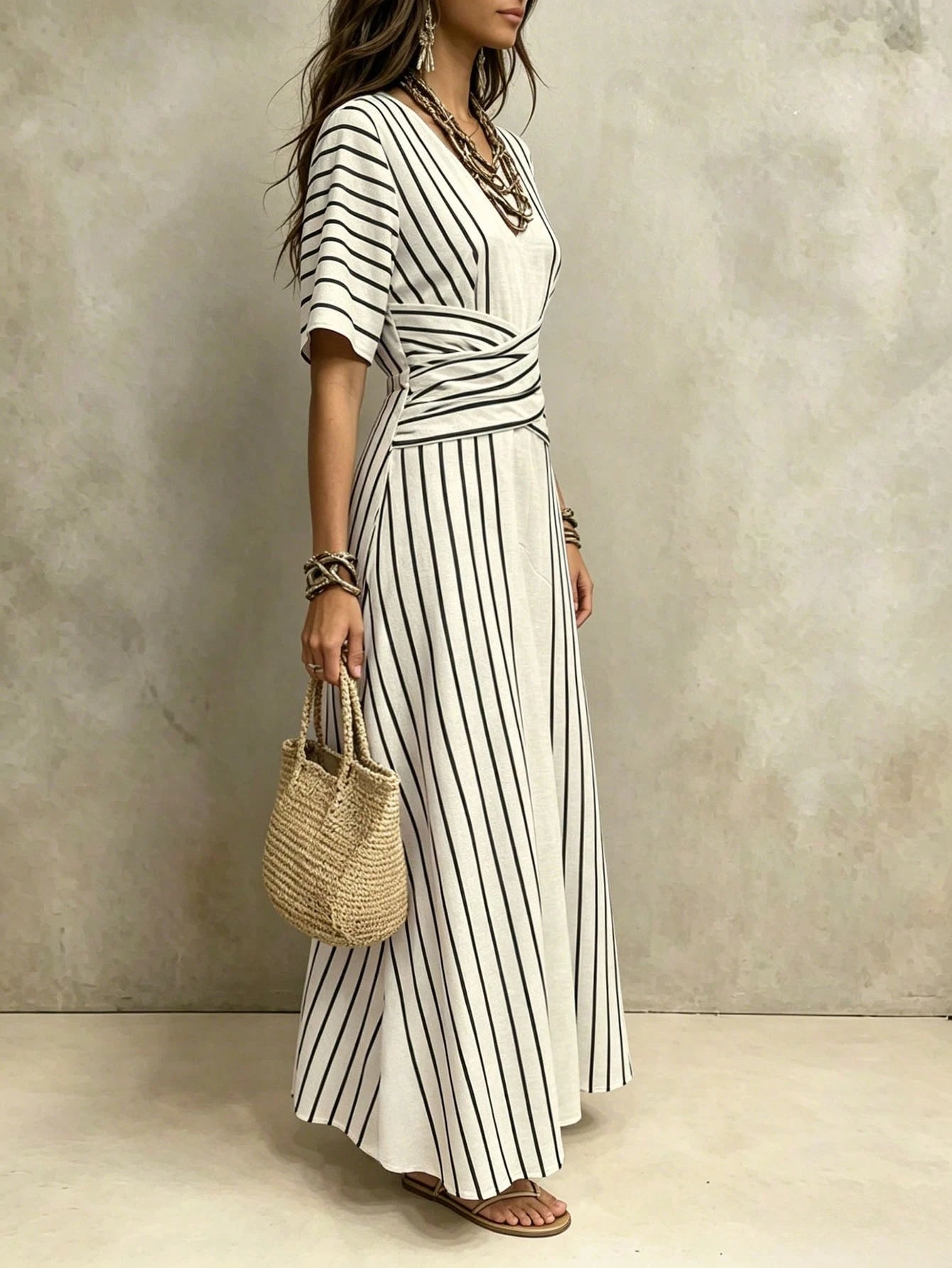 SHEIN Holidaya Women's Light Apricot Casual Elegant Fitted Flared Dress, Summer Party Dress, Graceful Dress For Women