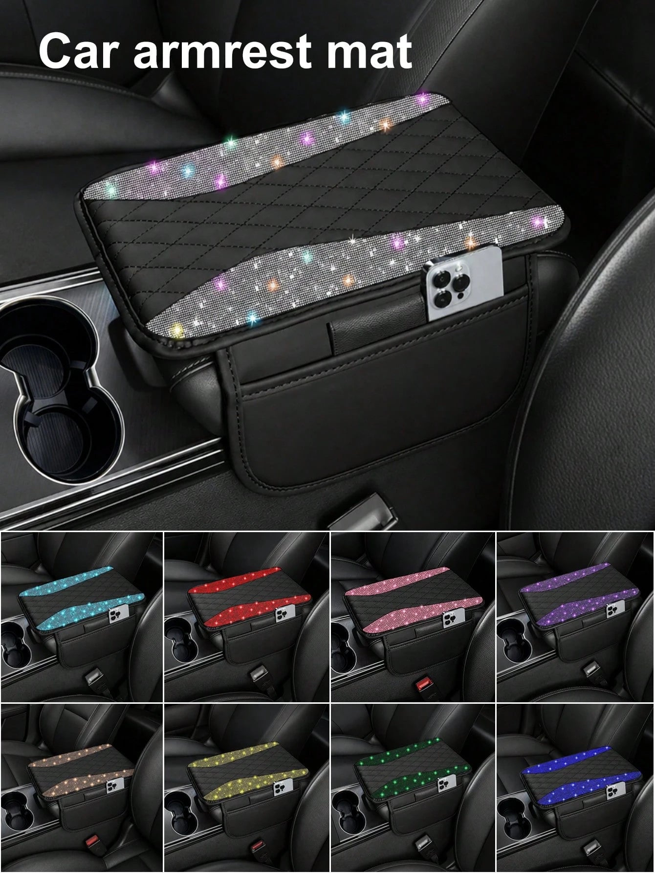 Shiny Car Armrest Cover, Sparkling Rhinestone Center Console Protector With Storage Pocket, Soft Leather Car Interior Accessory, Suitable For Women