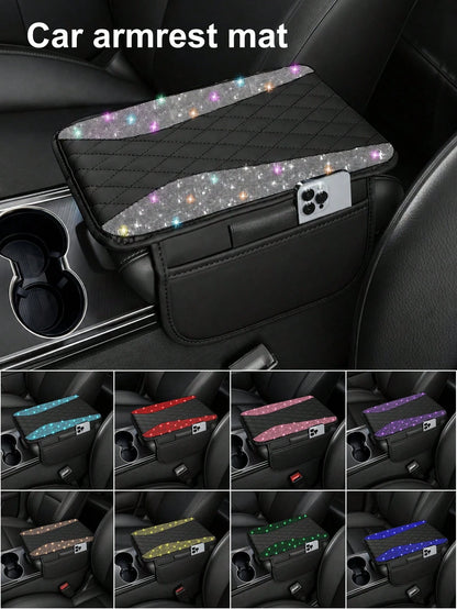 Shiny Car Armrest Cover, Sparkling Rhinestone Center Console Protector With Storage Pocket, Soft Leather Car Interior Accessory, Suitable For Women