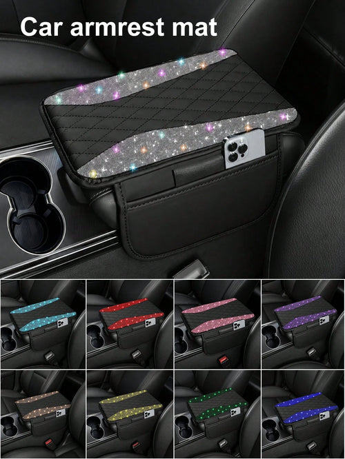 Shiny Car Armrest Cover, Sparkling Rhinestone Center Console Protector With Storage Pocket, Soft Leather Car Interior Accessory, Suitable For Women