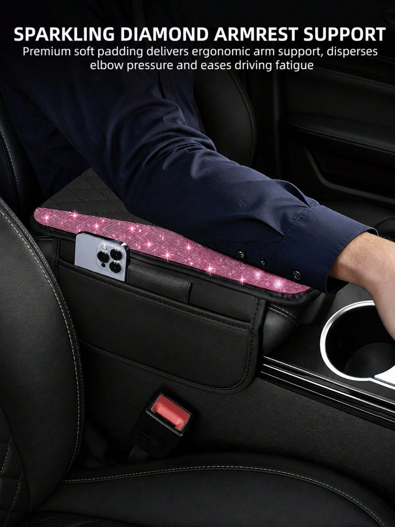 Shiny Car Armrest Cover, Sparkling Rhinestone Center Console Protector With Storage Pocket, Soft Leather Car Interior Accessory, Suitable For Women