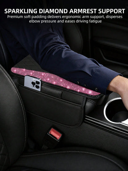 Shiny Car Armrest Cover, Sparkling Rhinestone Center Console Protector With Storage Pocket, Soft Leather Car Interior Accessory, Suitable For Women