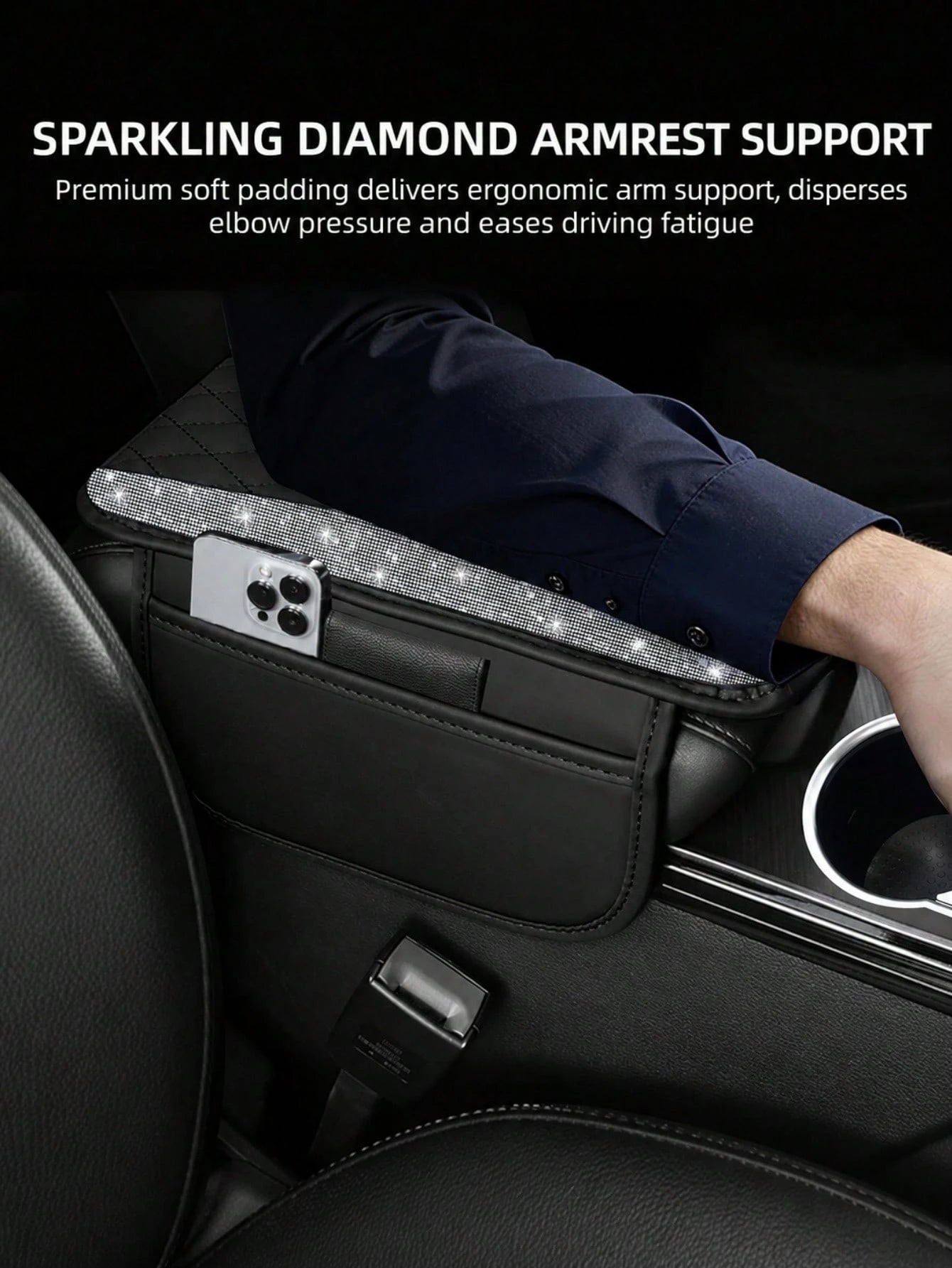 Shiny Car Armrest Cover, Sparkling Rhinestone Center Console Protector With Storage Pocket, Soft Leather Car Interior Accessory, Suitable For Women