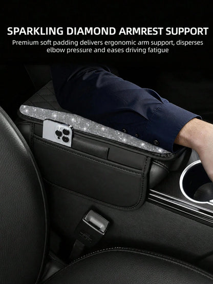 Shiny Car Armrest Cover, Sparkling Rhinestone Center Console Protector With Storage Pocket, Soft Leather Car Interior Accessory, Suitable For Women