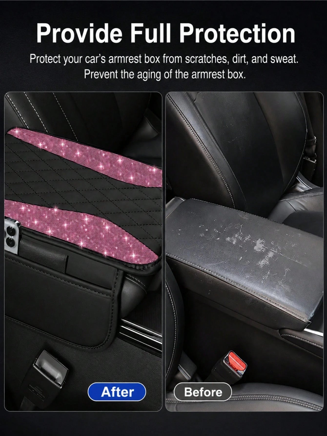 Shiny Car Armrest Cover, Sparkling Rhinestone Center Console Protector With Storage Pocket, Soft Leather Car Interior Accessory, Suitable For Women