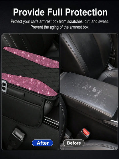 Shiny Car Armrest Cover, Sparkling Rhinestone Center Console Protector With Storage Pocket, Soft Leather Car Interior Accessory, Suitable For Women