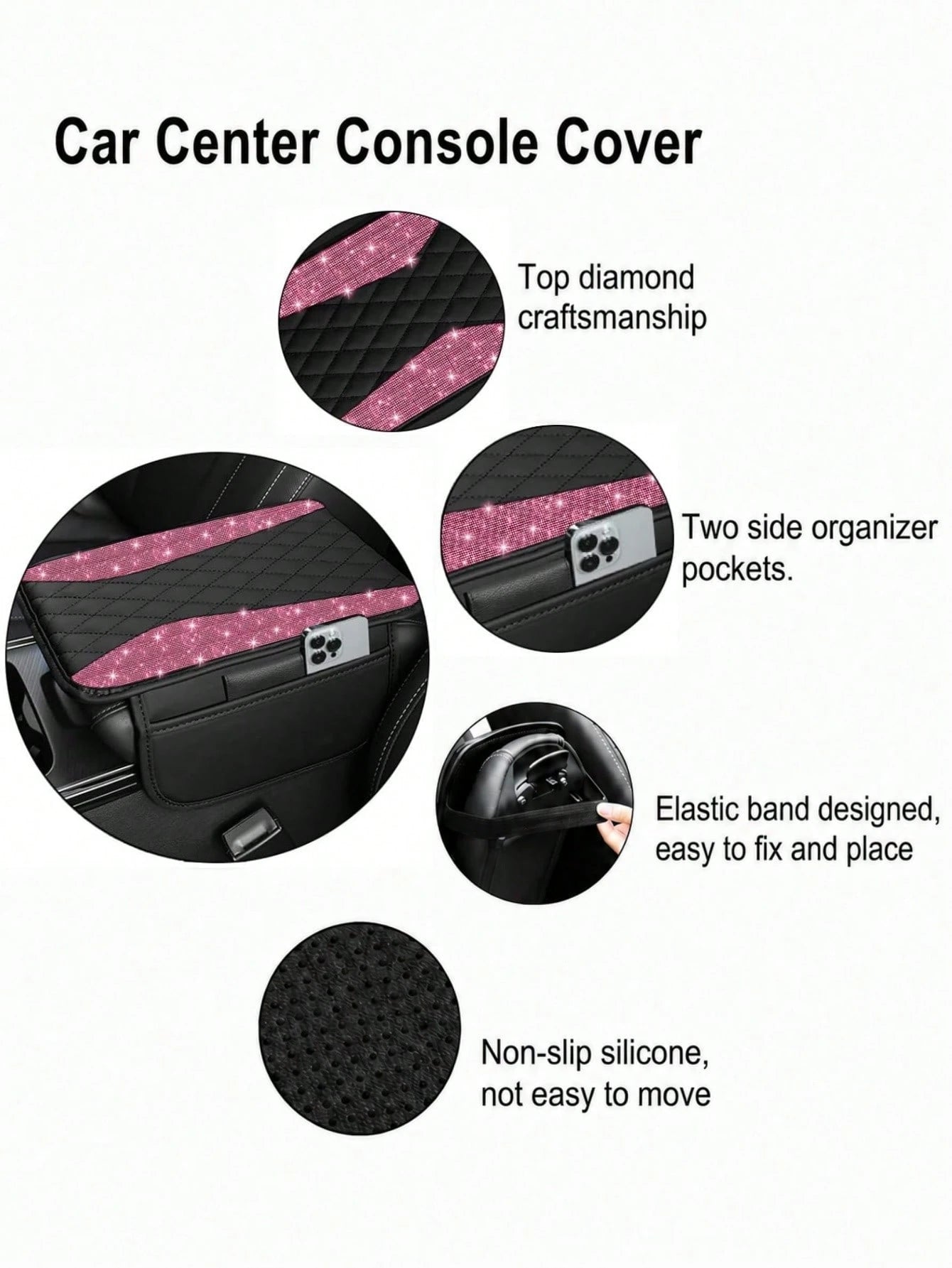 Shiny Car Armrest Cover, Sparkling Rhinestone Center Console Protector With Storage Pocket, Soft Leather Car Interior Accessory, Suitable For Women