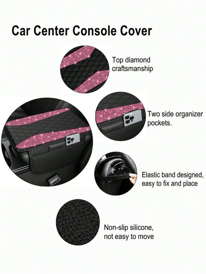Shiny Car Armrest Cover, Sparkling Rhinestone Center Console Protector With Storage Pocket, Soft Leather Car Interior Accessory, Suitable For Women