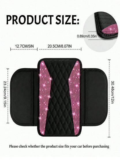 Shiny Car Armrest Cover, Sparkling Rhinestone Center Console Protector With Storage Pocket, Soft Leather Car Interior Accessory, Suitable For Women