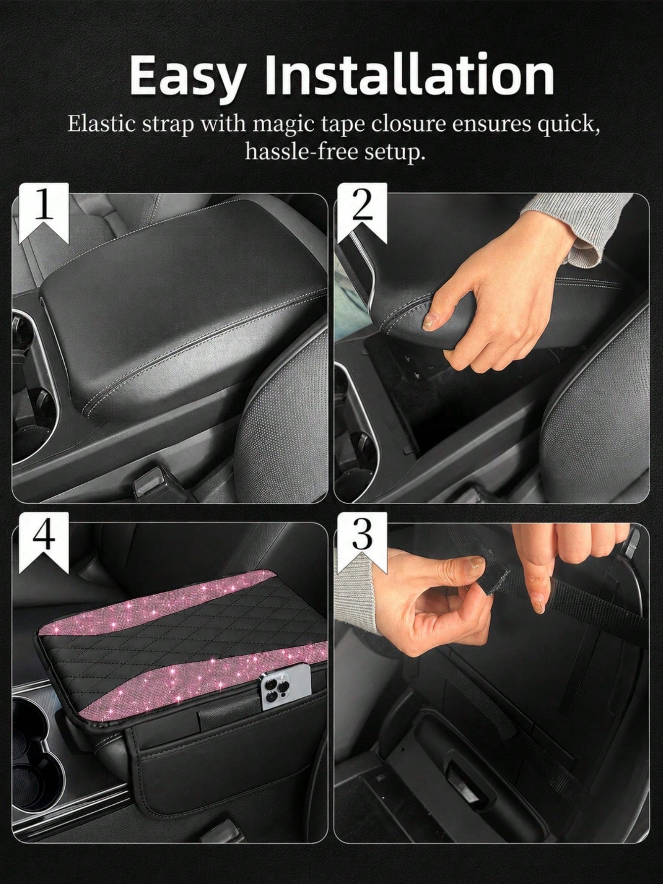 Shiny Car Armrest Cover, Sparkling Rhinestone Center Console Protector With Storage Pocket, Soft Leather Car Interior Accessory, Suitable For Women