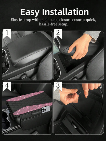 Shiny Car Armrest Cover, Sparkling Rhinestone Center Console Protector With Storage Pocket, Soft Leather Car Interior Accessory, Suitable For Women