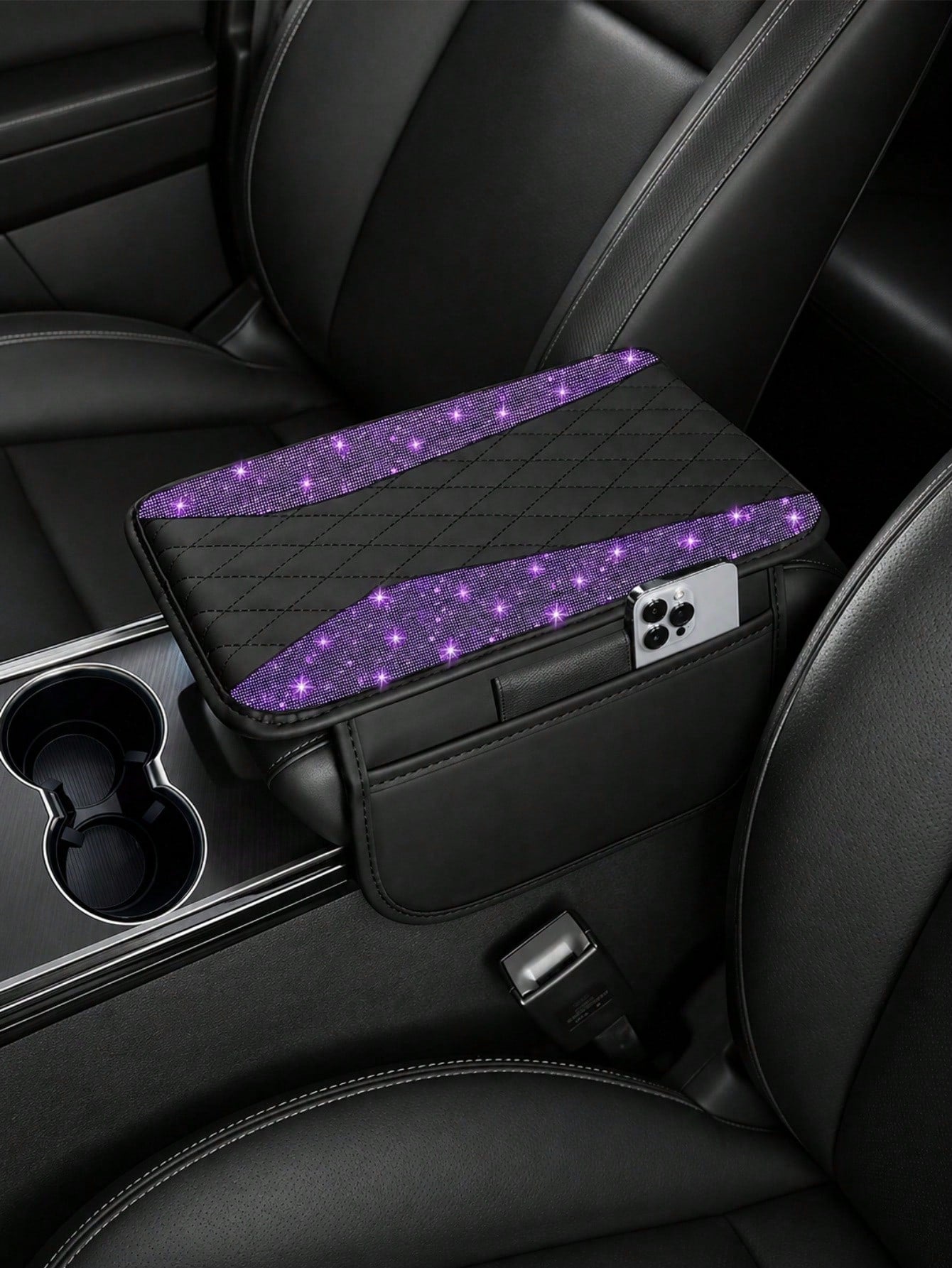 Shiny Car Armrest Cover, Sparkling Rhinestone Center Console Protector With Storage Pocket, Soft Leather Car Interior Accessory, Suitable For Women