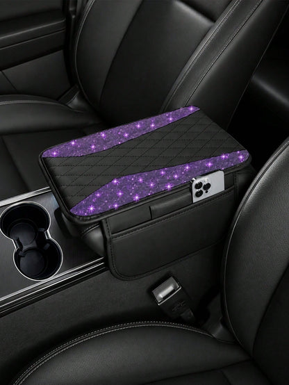 Shiny Car Armrest Cover, Sparkling Rhinestone Center Console Protector With Storage Pocket, Soft Leather Car Interior Accessory, Suitable For Women