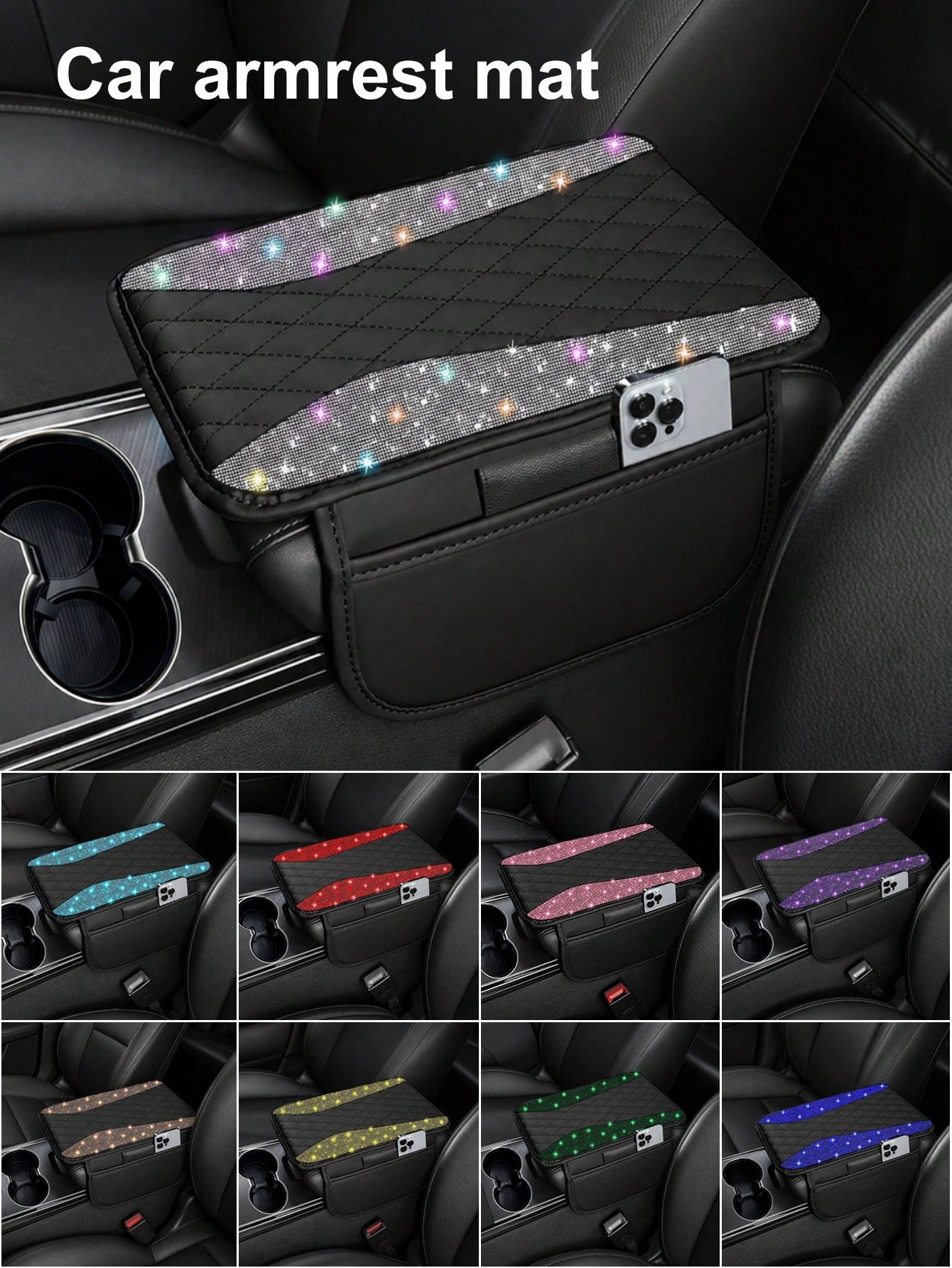 Shiny Car Armrest Cover, Sparkling Rhinestone Center Console Protector With Storage Pocket, Soft Leather Car Interior Accessory, Suitable For Women