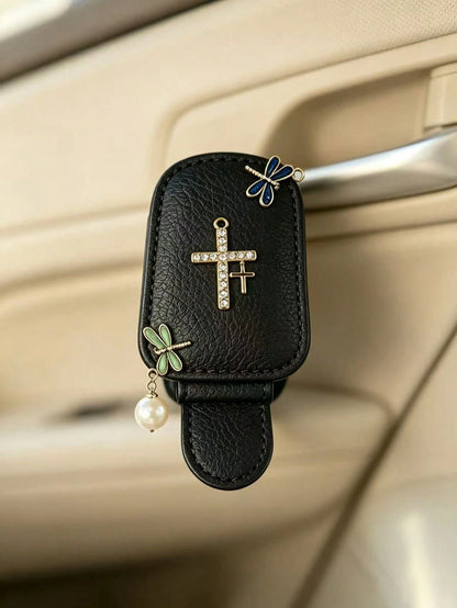 Shiny Rhinestone Cross Dragonfly Pearl Car Sun Visor Glasses Holder, PU Leather Glasses Clip, Multi-Functional Car Interior Decoration Accessory PU Leather Car Sun Visor Glasses Clip, Rhinestone Cross