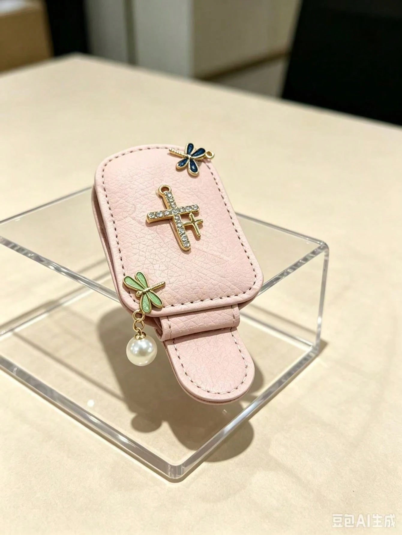 Shiny Rhinestone Cross Dragonfly Pearl Car Sun Visor Glasses Holder, PU Leather Glasses Clip, Multi-Functional Car Interior Decoration Accessory PU Leather Car Sun Visor Glasses Clip, Rhinestone Cross