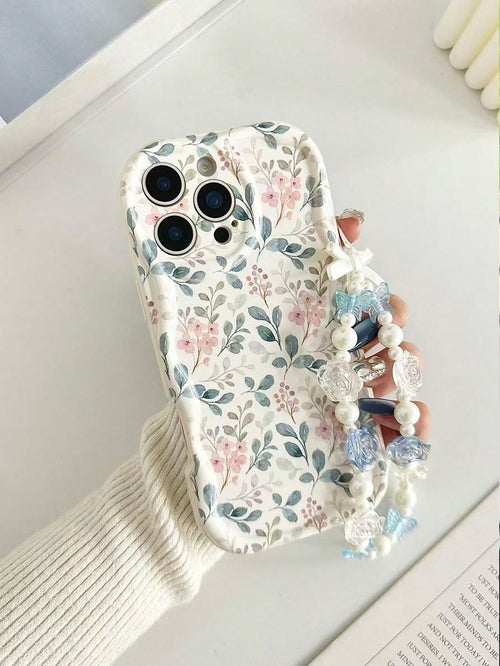 Shockproof Floral Print Novelty Case Cream Textured Wavy Edge Glossy Painted Anti-Drop Phone Case With Beaded Bracelet Accessory, Compatible With IPhone 17pro/17Air/17/17promax16/11/16pro/16plus/16pr