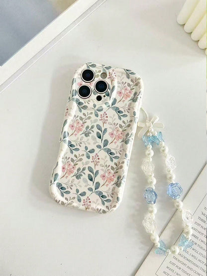 Shockproof Floral Print Novelty Case Cream Textured Wavy Edge Glossy Painted Anti-Drop Phone Case With Beaded Bracelet Accessory, Compatible With IPhone 17pro/17Air/17/17promax16/11/16pro/16plus/16pr
