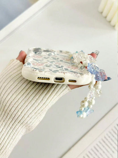 Shockproof Floral Print Novelty Case Cream Textured Wavy Edge Glossy Painted Anti-Drop Phone Case With Beaded Bracelet Accessory, Compatible With IPhone 17pro/17Air/17/17promax16/11/16pro/16plus/16pr