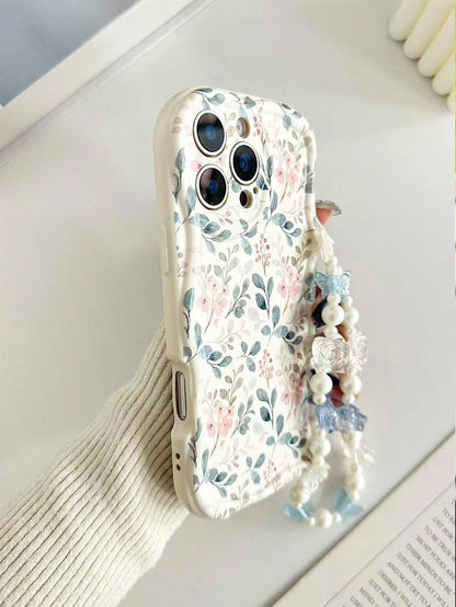 Shockproof Floral Print Novelty Case Cream Textured Wavy Edge Glossy Painted Anti-Drop Phone Case With Beaded Bracelet Accessory, Compatible With IPhone 17pro/17Air/17/17promax16/11/16pro/16plus/16pr