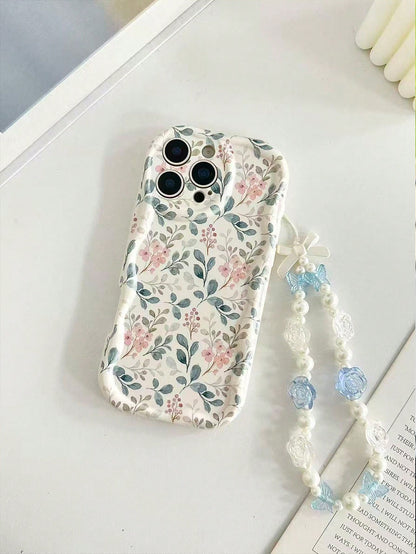 Shockproof Floral Print Novelty Case Cream Textured Wavy Edge Glossy Painted Anti-Drop Phone Case With Beaded Bracelet Accessory, Compatible With IPhone 17pro/17Air/17/17promax16/11/16pro/16plus/16pr