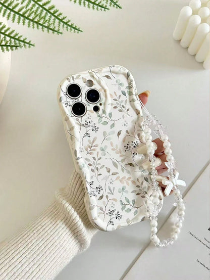 Shockproof Floral Print Novelty Case Cream Textured Wavy Edge Glossy Painted Anti-Drop Phone Case With Beaded Bracelet Accessory, Compatible With IPhone 17pro/17Air/17/17promax16/11/16pro/16plus/16pr