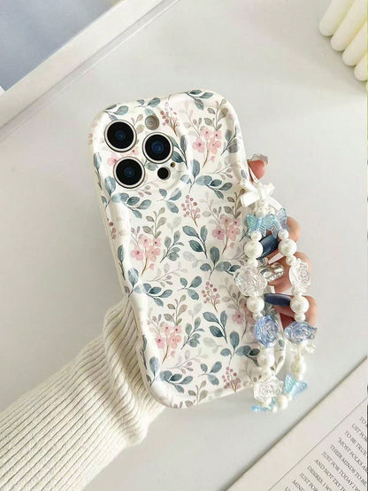 Shockproof Floral Print Novelty Case Cream Textured Wavy Edge Glossy Painted Anti-Drop Phone Case With Beaded Bracelet Accessory, Compatible With IPhone 17pro/17Air/17/17promax16/11/16pro/16plus/16pr
