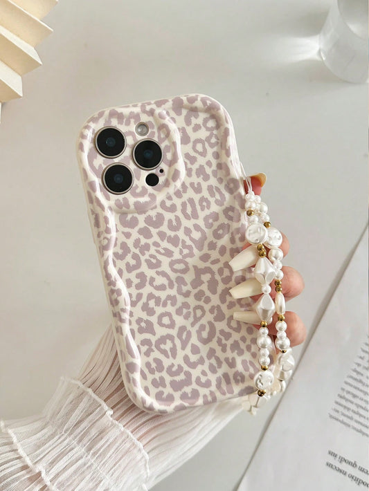 Shockproof Leopard Print Novelty Cream Wavy Edged Glossy Painted Anti-Drop Phone Case With Handmade Beaded Bracelet Accessory Spring Gift, International Version, Not The Domestic Version Gift