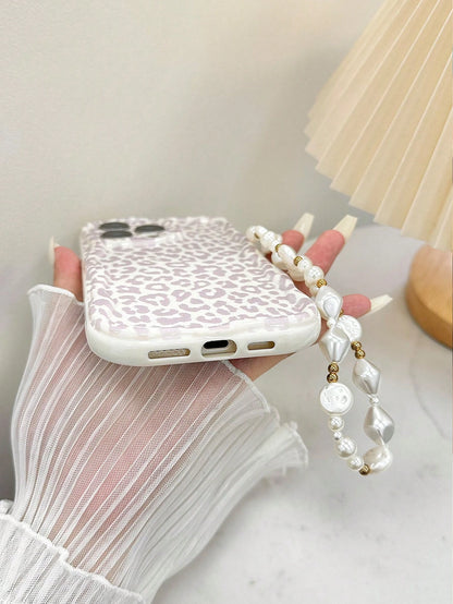 Shockproof Leopard Print Novelty Cream Wavy Edged Glossy Painted Anti-Drop Phone Case With Handmade Beaded Bracelet Accessory Spring Gift, International Version, Not The Domestic Version Gift