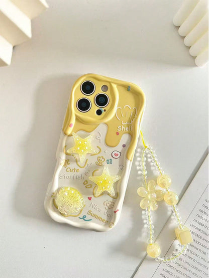 Shockproof Ocean Elements Ocean Cartoon Starfish Handmade Sticker Accessories, Beige Color Painted Cream Texture Wave Edge Print Protective Case With Additional Chain Accessories, Compatible With Ipho