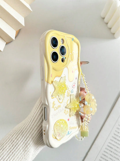 Shockproof Ocean Elements Ocean Cartoon Starfish Handmade Sticker Accessories, Beige Color Painted Cream Texture Wave Edge Print Protective Case With Additional Chain Accessories, Compatible With Ipho