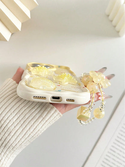 Shockproof Ocean Elements Ocean Cartoon Starfish Handmade Sticker Accessories, Beige Color Painted Cream Texture Wave Edge Print Protective Case With Additional Chain Accessories, Compatible With Ipho