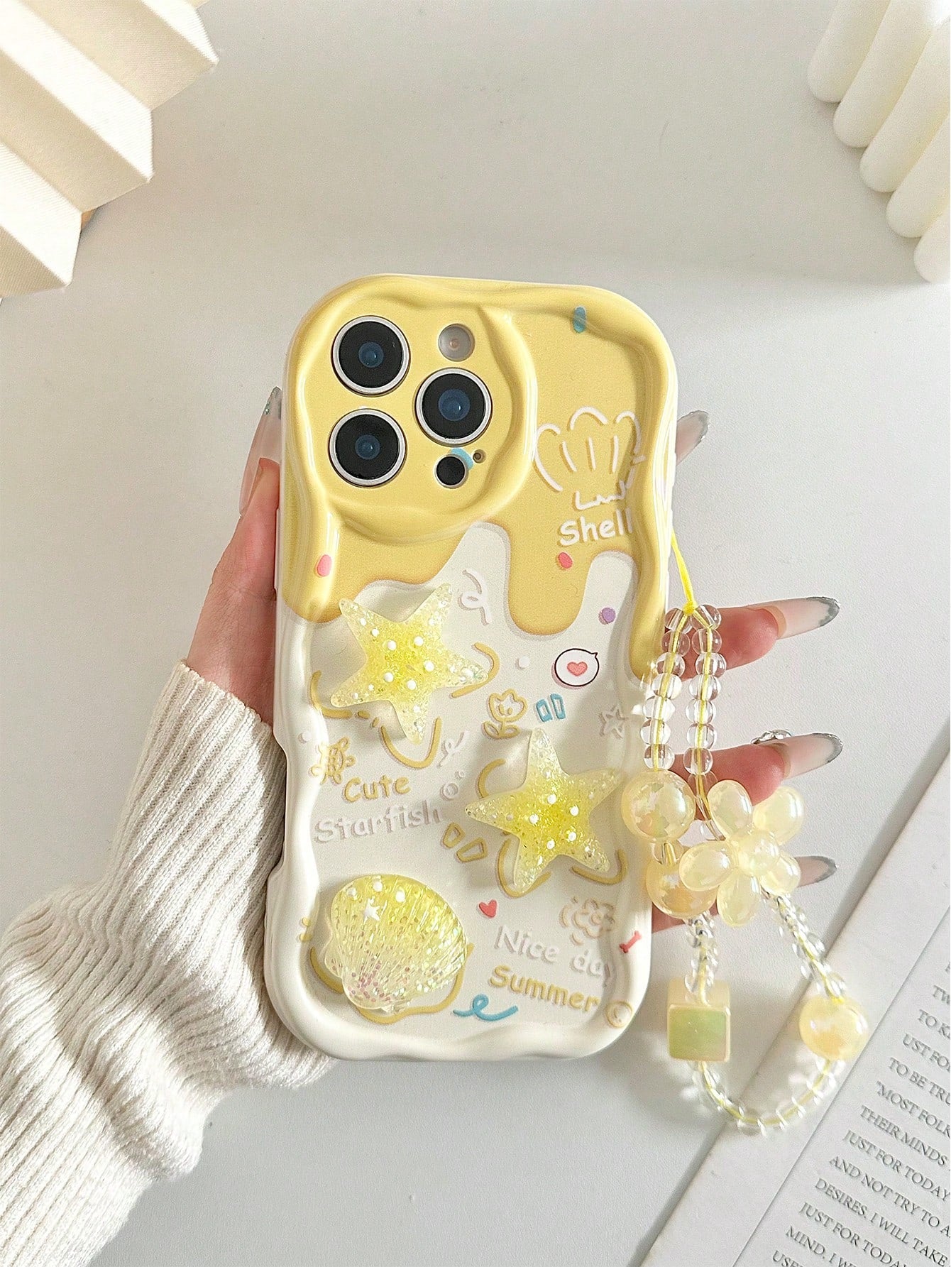Shockproof Ocean Elements Ocean Cartoon Starfish Handmade Sticker Accessories, Beige Color Painted Cream Texture Wave Edge Print Protective Case With Additional Chain Accessories, Compatible With Ipho