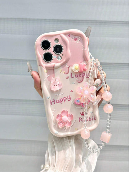 Shockproof Ocean Elements Ocean Cartoon Starfish Handmade Sticker Accessories, Beige Color Painted Cream Texture Wave Edge Print Protective Case With Additional Chain Accessories, Compatible With Ipho