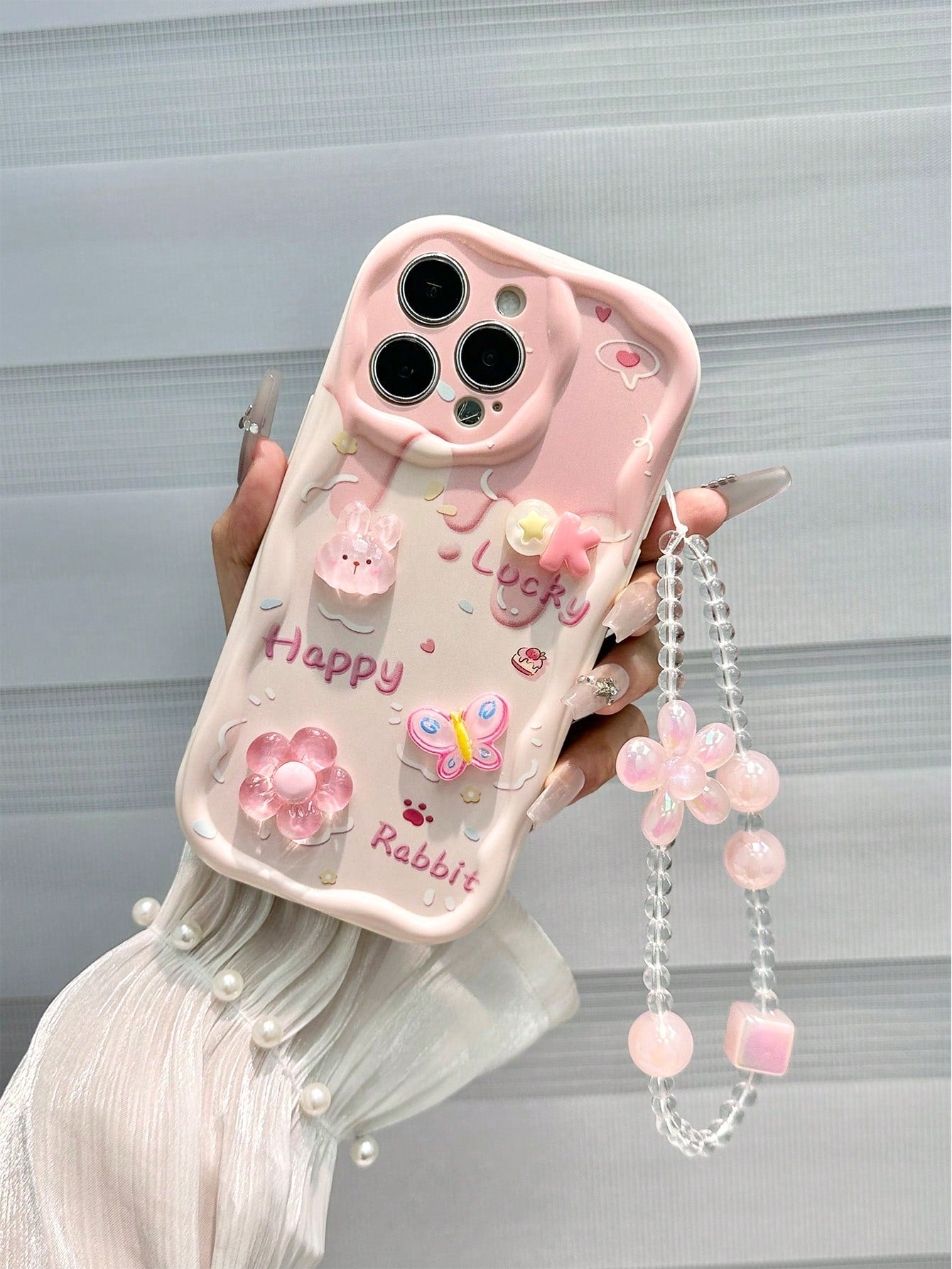 Shockproof Ocean Elements Ocean Cartoon Starfish Handmade Sticker Accessories, Beige Color Painted Cream Texture Wave Edge Print Protective Case With Additional Chain Accessories, Compatible With Ipho