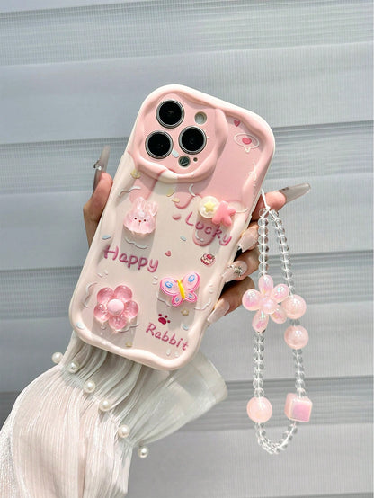Shockproof Ocean Elements Ocean Cartoon Starfish Handmade Sticker Accessories, Beige Color Painted Cream Texture Wave Edge Print Protective Case With Additional Chain Accessories, Compatible With Ipho