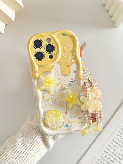 Shockproof Ocean Elements Ocean Cartoon Starfish Handmade Sticker Accessories, Beige Color Painted Cream Texture Wave Edge Print Protective Case With Additional Chain Accessories, Compatible With Ipho