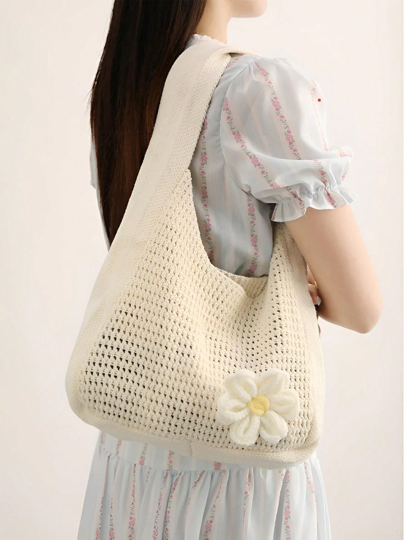 Shoulder Woven Bag, New Vacation Casual Beach Bag, Crochet Woven Tote Handbag, Back To School Student Project Bag, Beach Bag, Holiday,Straw Bag