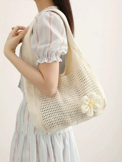 Shoulder Woven Bag, New Vacation Casual Beach Bag, Crochet Woven Tote Handbag, Back To School Student Project Bag, Beach Bag, Holiday,Straw Bag