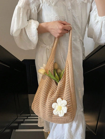 Shoulder Woven Bag, New Vacation Casual Beach Bag, Crochet Woven Tote Handbag, Back To School Student Project Bag, Beach Bag, Holiday,Straw Bag