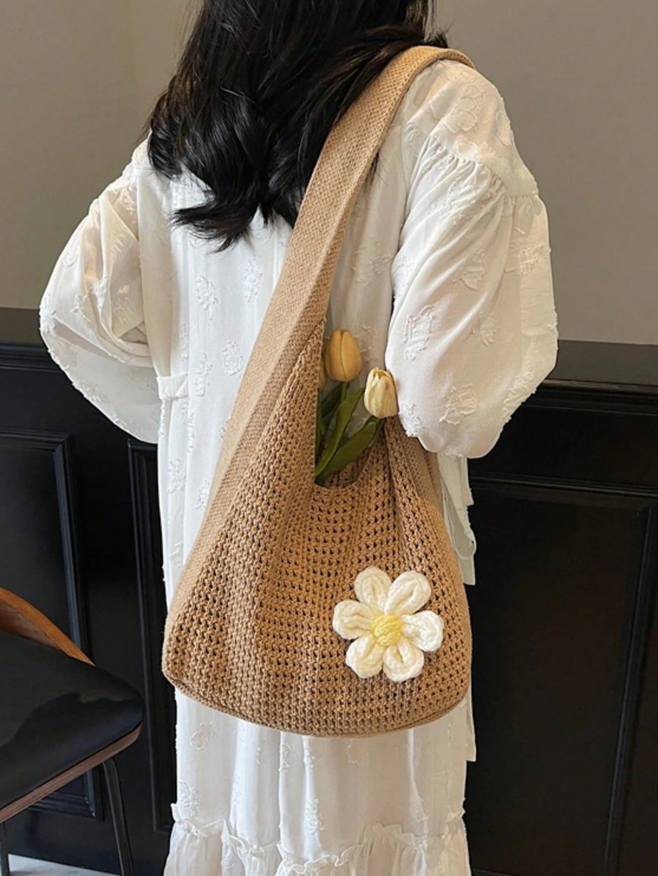 Shoulder Woven Bag, New Vacation Casual Beach Bag, Crochet Woven Tote Handbag, Back To School Student Project Bag, Beach Bag, Holiday,Straw Bag