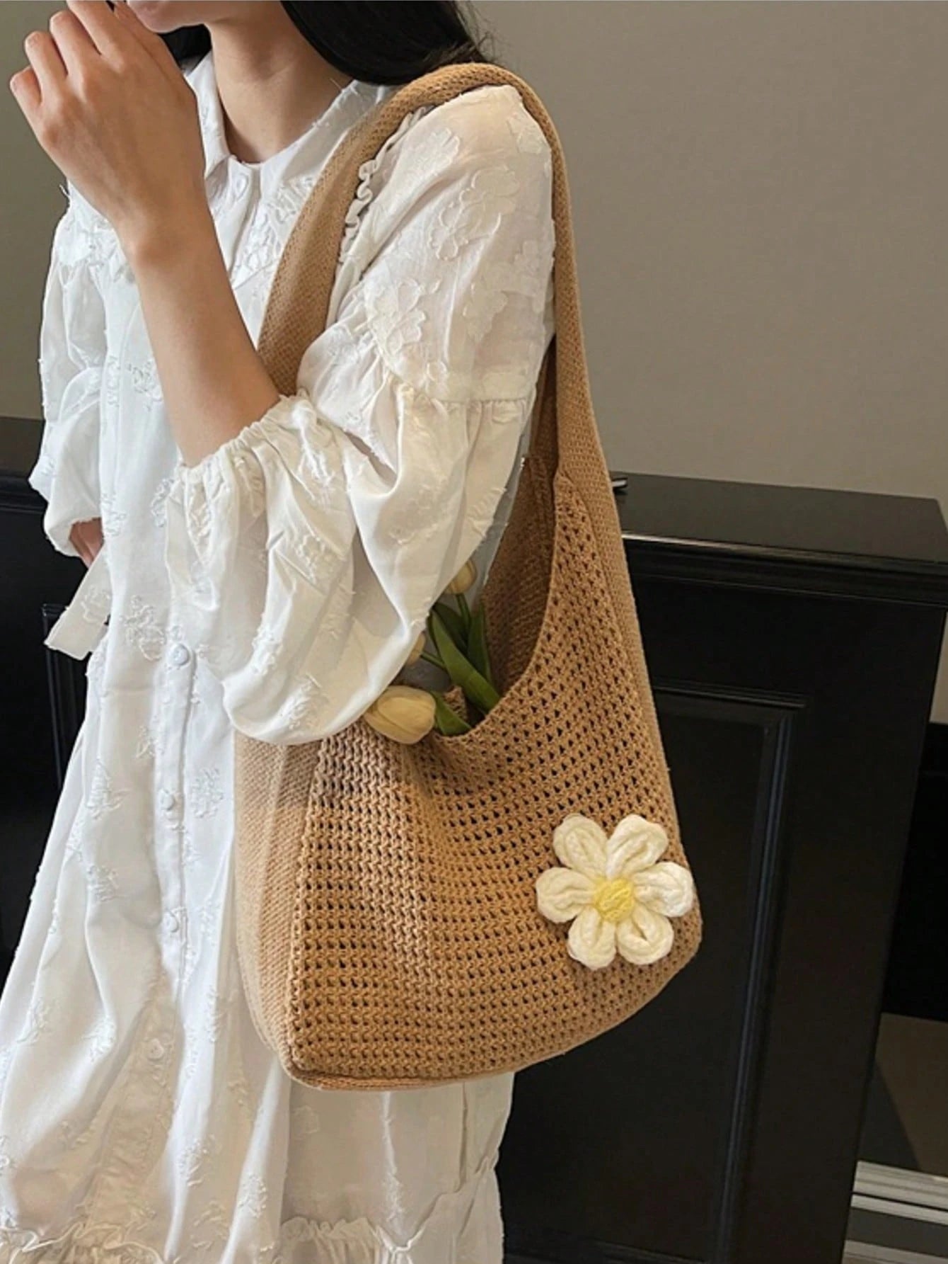 Shoulder Woven Bag, New Vacation Casual Beach Bag, Crochet Woven Tote Handbag, Back To School Student Project Bag, Beach Bag, Holiday,Straw Bag
