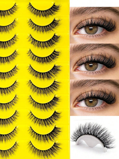 Sibeuna 10 Pairs Fluffy Natural Faux Mink Eyelashes, Natural Curly, Soft & Lightweight, Reusable, Black Thin Band False Eyelashes,Cat Eye Lashes