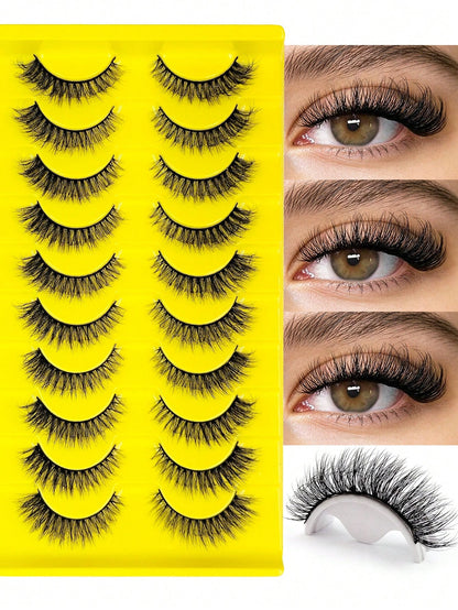 Sibeuna 10 Pairs Fluffy Natural Faux Mink Eyelashes, Natural Curly, Soft & Lightweight, Reusable, Black Thin Band False Eyelashes,Cat Eye Lashes