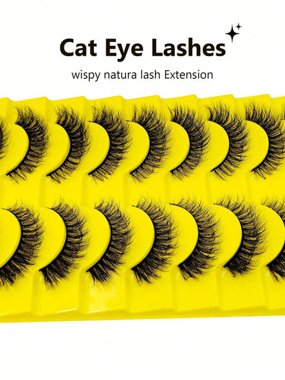 Sibeuna 10 Pairs Fluffy Natural Faux Mink Eyelashes, Natural Curly, Soft & Lightweight, Reusable, Black Thin Band False Eyelashes,Cat Eye Lashes