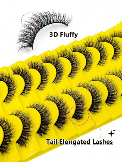 Sibeuna 10 Pairs Fluffy Natural Faux Mink Eyelashes, Natural Curly, Soft & Lightweight, Reusable, Black Thin Band False Eyelashes,Cat Eye Lashes