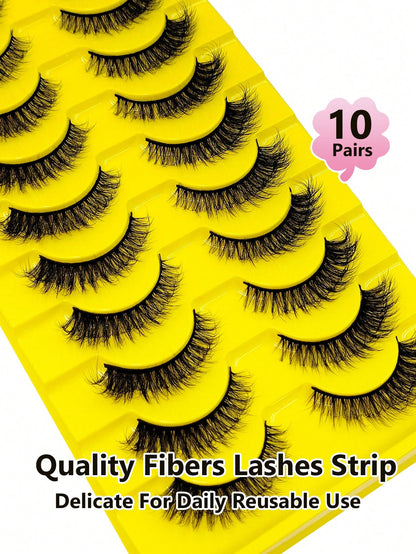 Sibeuna 10 Pairs Fluffy Natural Faux Mink Eyelashes, Natural Curly, Soft & Lightweight, Reusable, Black Thin Band False Eyelashes,Cat Eye Lashes